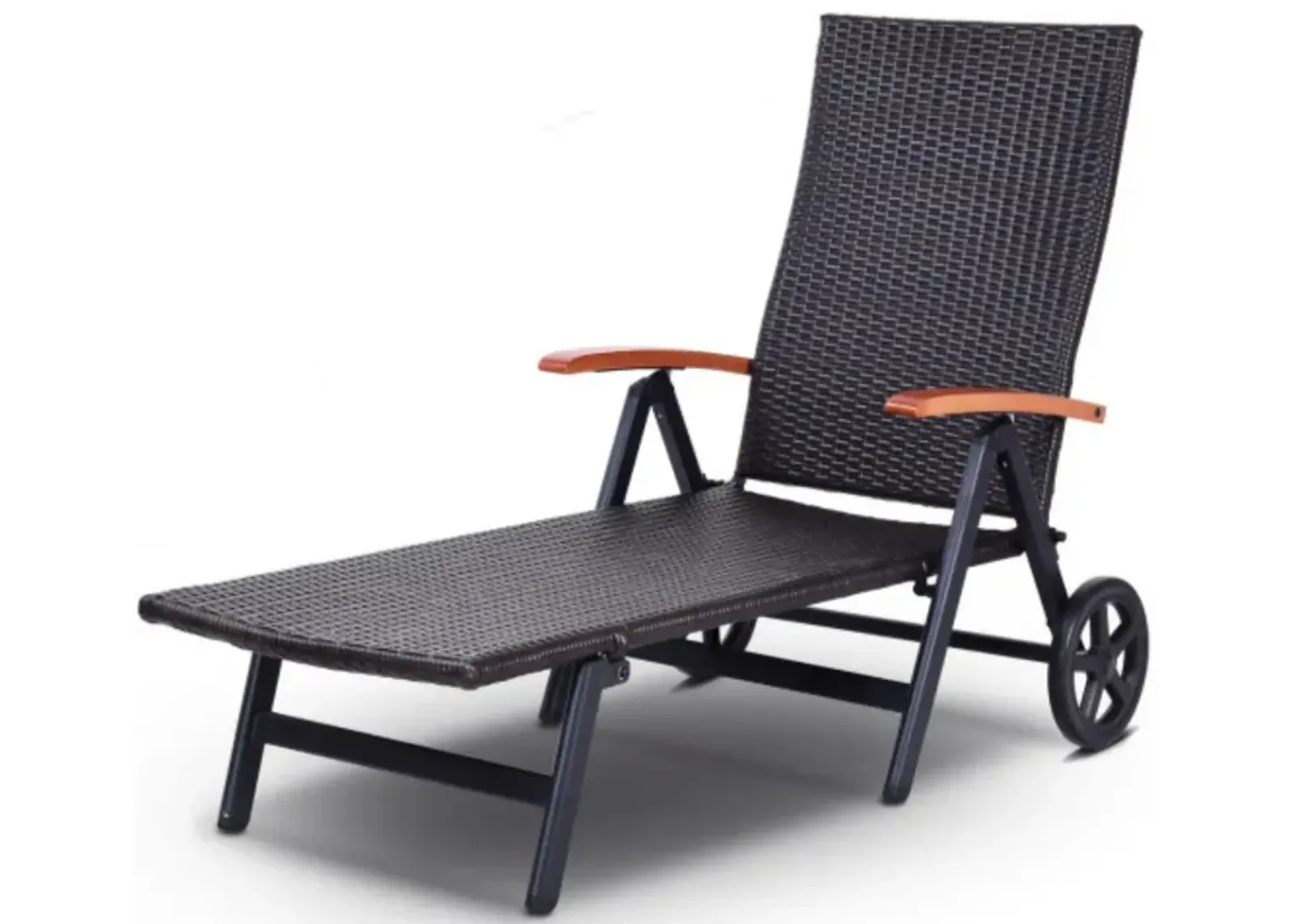 Folding Back Adjustable Aluminum Rattan Recliner Lounger w/ Wheels