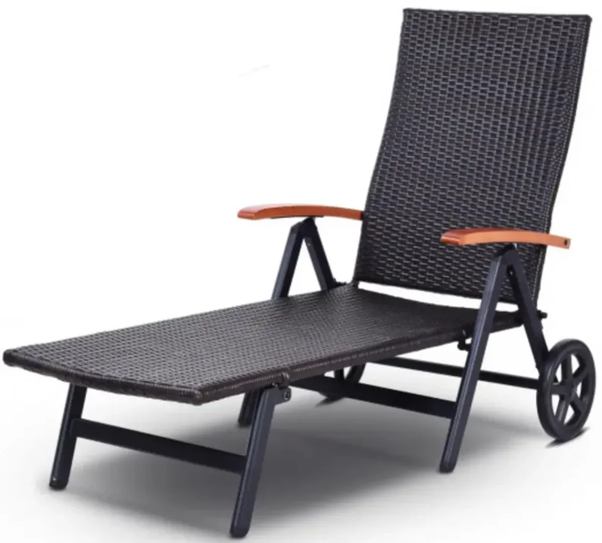 Folding Back Adjustable Aluminum Rattan Recliner Lounger w/ Wheels