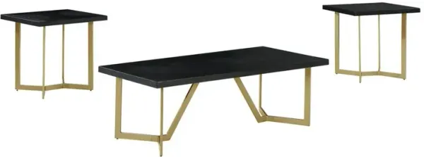 Best Quality Furniture 3pc Black wood top coffee table set w/gold color iron base (1Coffee+2end table)