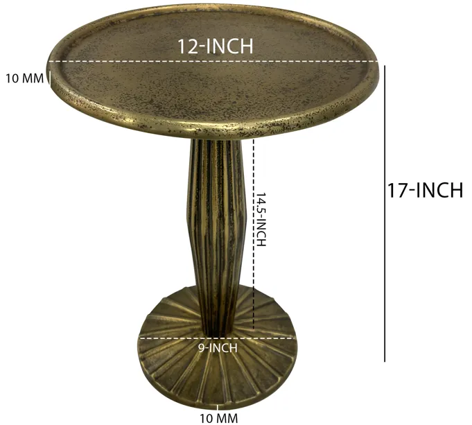 12 Inch Side End Drink Table, Fancy Fluted Base, Round Top, Antique Brass