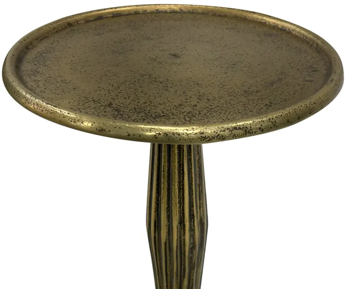 12 Inch Side End Drink Table, Fancy Fluted Base, Round Top, Antique Brass