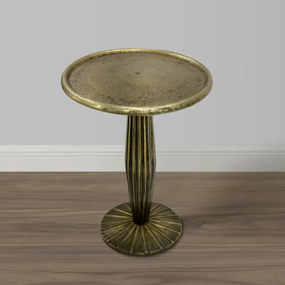 12 Inch Side End Drink Table, Fancy Fluted Base, Round Top, Antique Brass