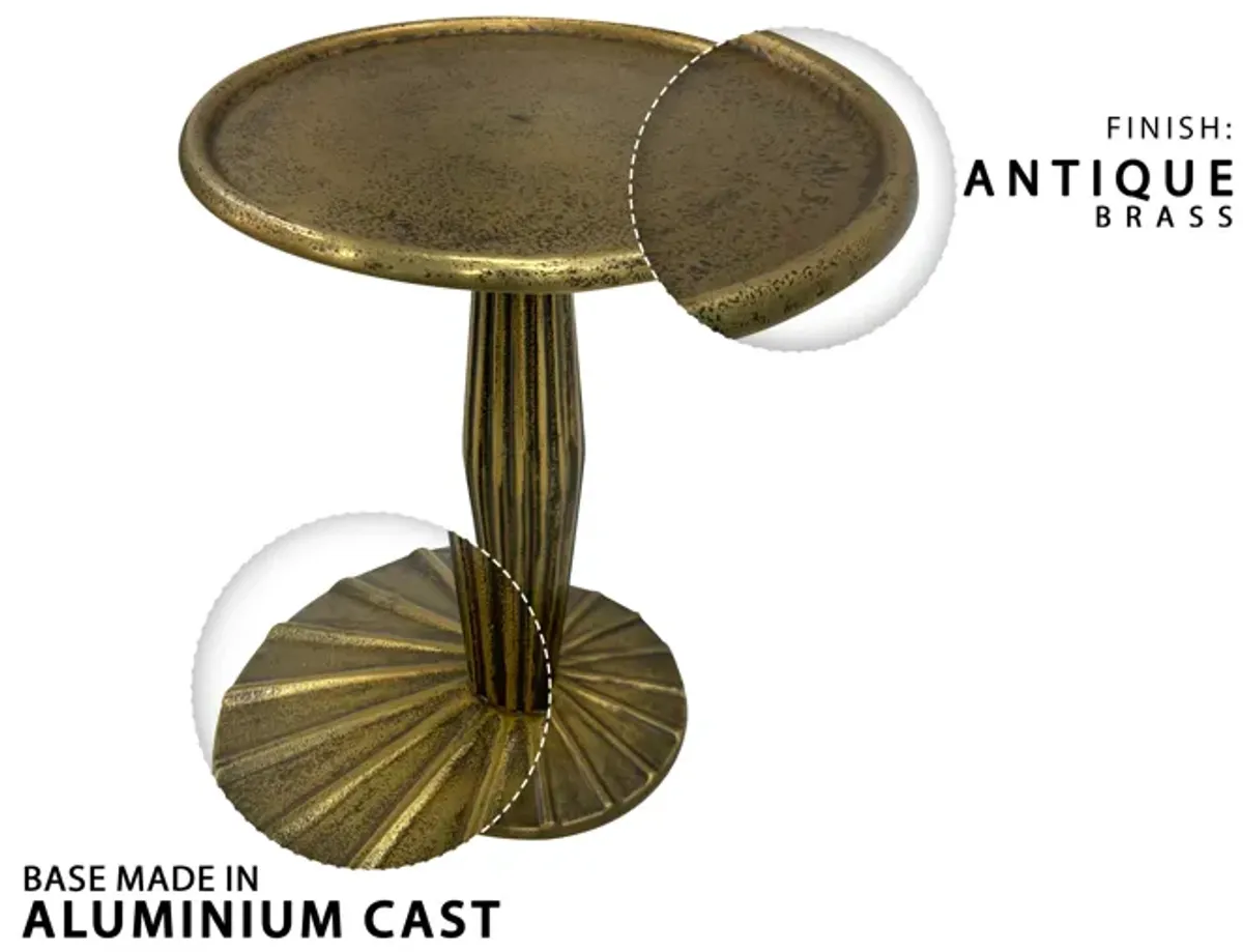 12 Inch Side End Drink Table, Fancy Fluted Base, Round Top, Antique Brass