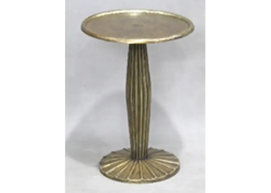 12 Inch Side End Drink Table, Fancy Fluted Base, Round Top, Antique Brass