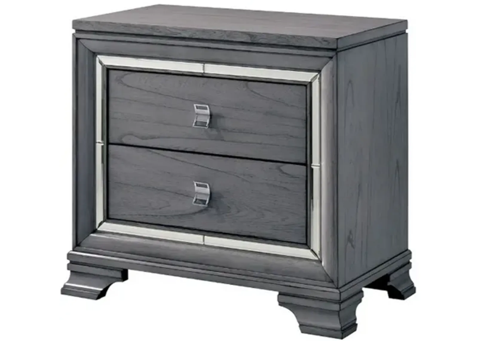 Mirror Trim Accented Two Drawer Solid Wood Nightstand with Bracket Feet, Light Gray-Benzara