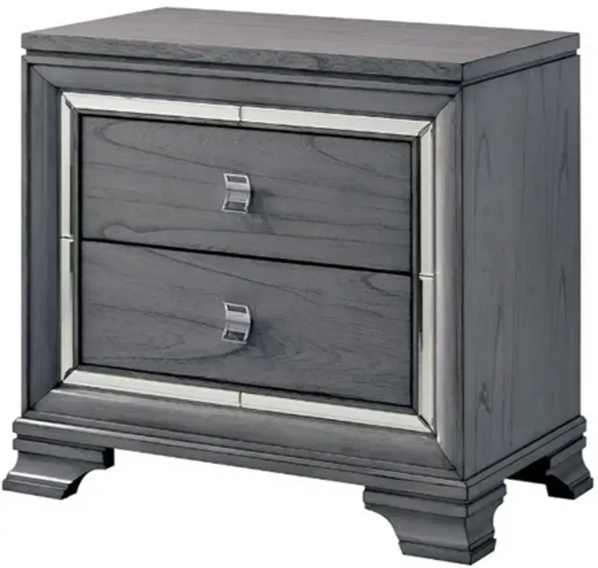 Mirror Trim Accented Two Drawer Solid Wood Nightstand with Bracket Feet, Light Gray-Benzara