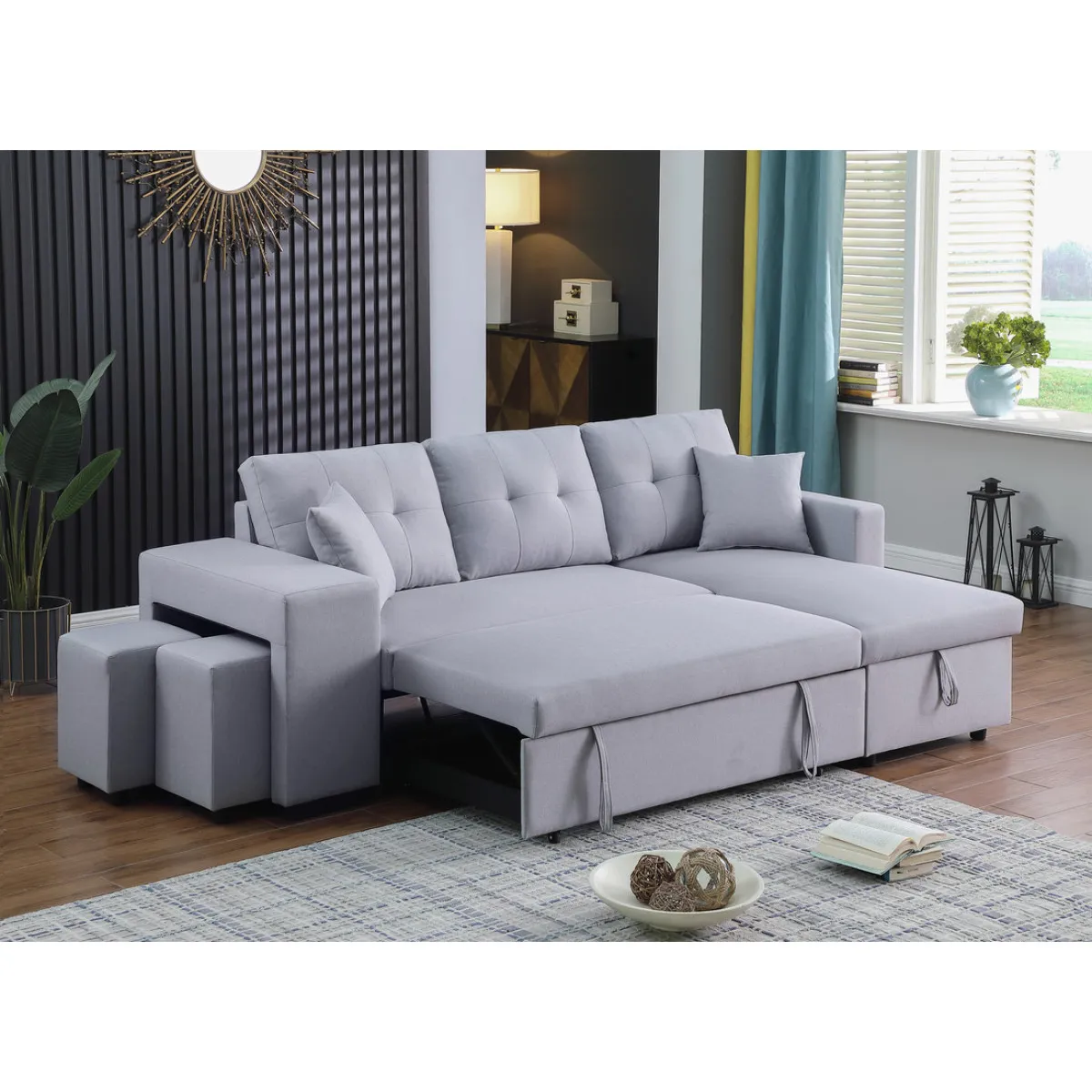 Dennis Light Gray Linen Fabric Reversible Sleeper Sectional With Storage Chaise And 2 Stools