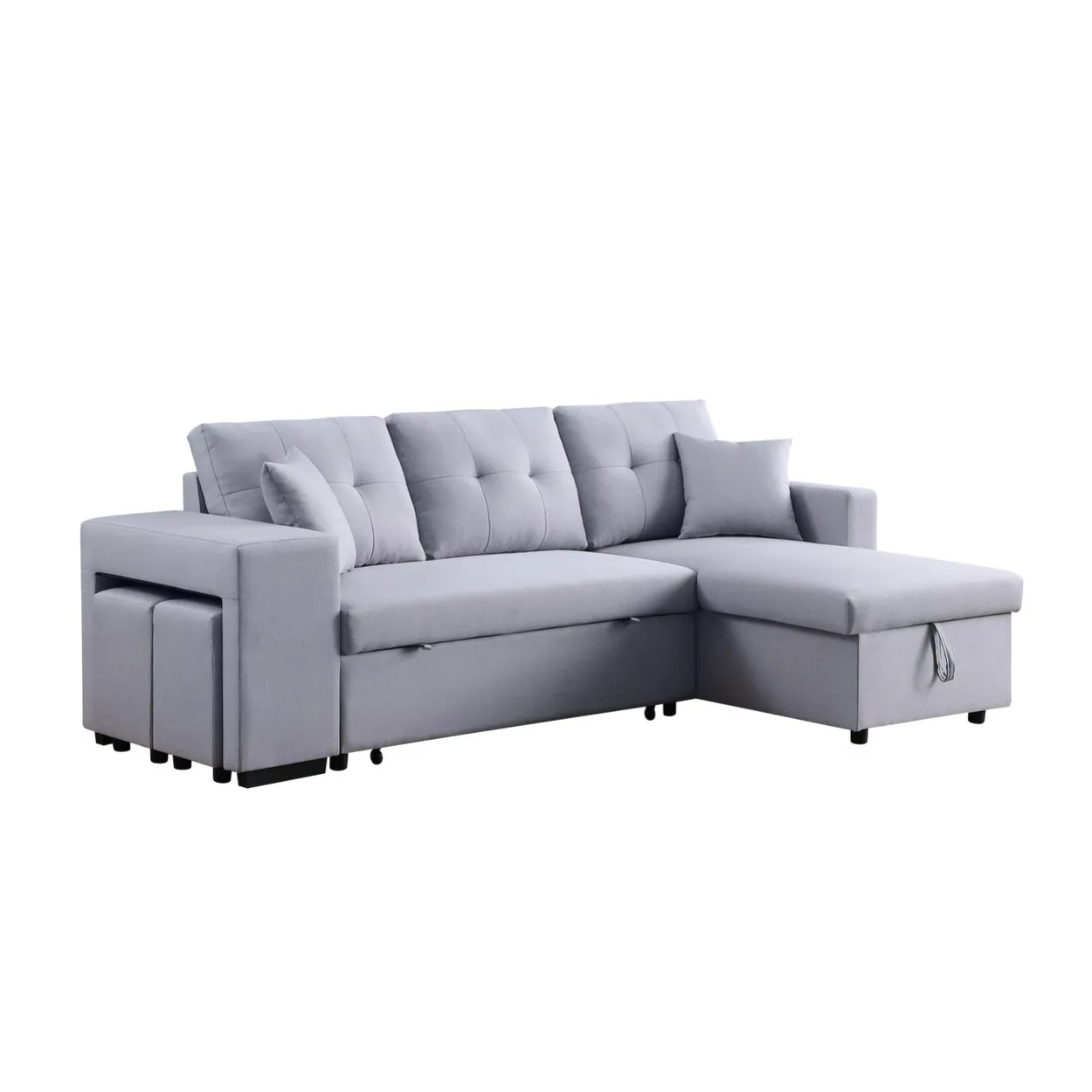 Dennis Light Gray Linen Fabric Reversible Sleeper Sectional With Storage Chaise And 2 Stools