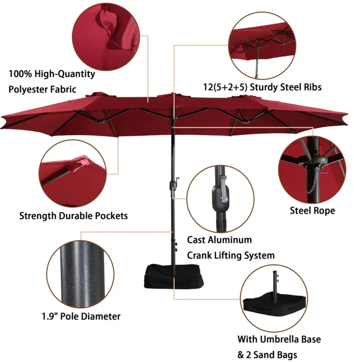 MONDAWE 15ft Rectangular Double-Sided Outdoor Patio Market Umbrella Coffee