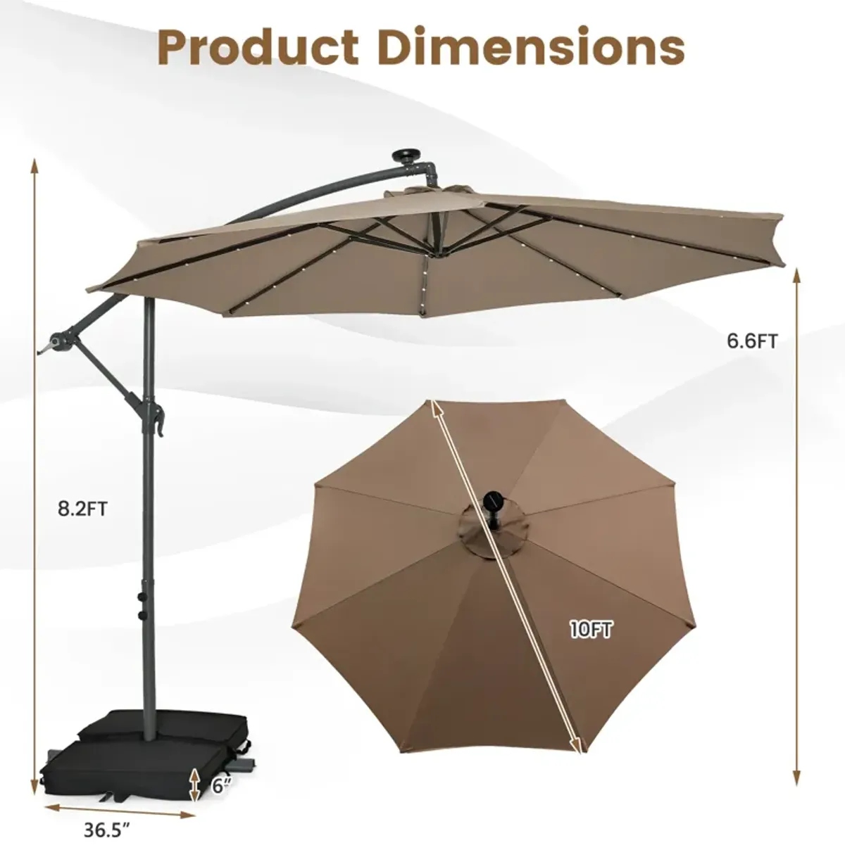 10-Foot Cantilever Umbrella with 32 LED Lights and Solar Panel Batteries for Outdoor Shade and Lighting