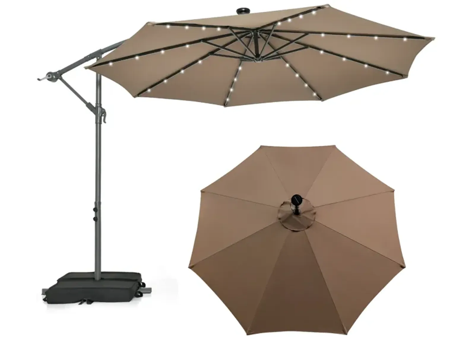 10-Foot Cantilever Umbrella with 32 LED Lights and Solar Panel Batteries for Outdoor Shade and Lighting