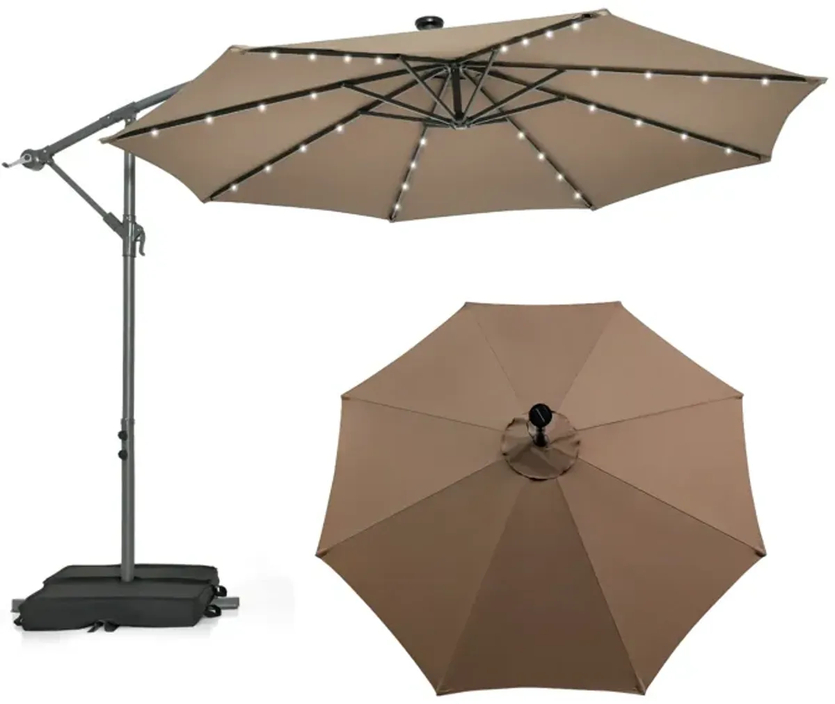 10-Foot Cantilever Umbrella with 32 LED Lights and Solar Panel Batteries for Outdoor Shade and Lighting