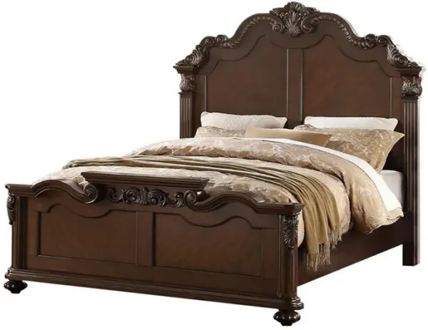 Splendidly Carved Queen Wooden Bed, Dark Walnut And Veneer Finish - Benzara