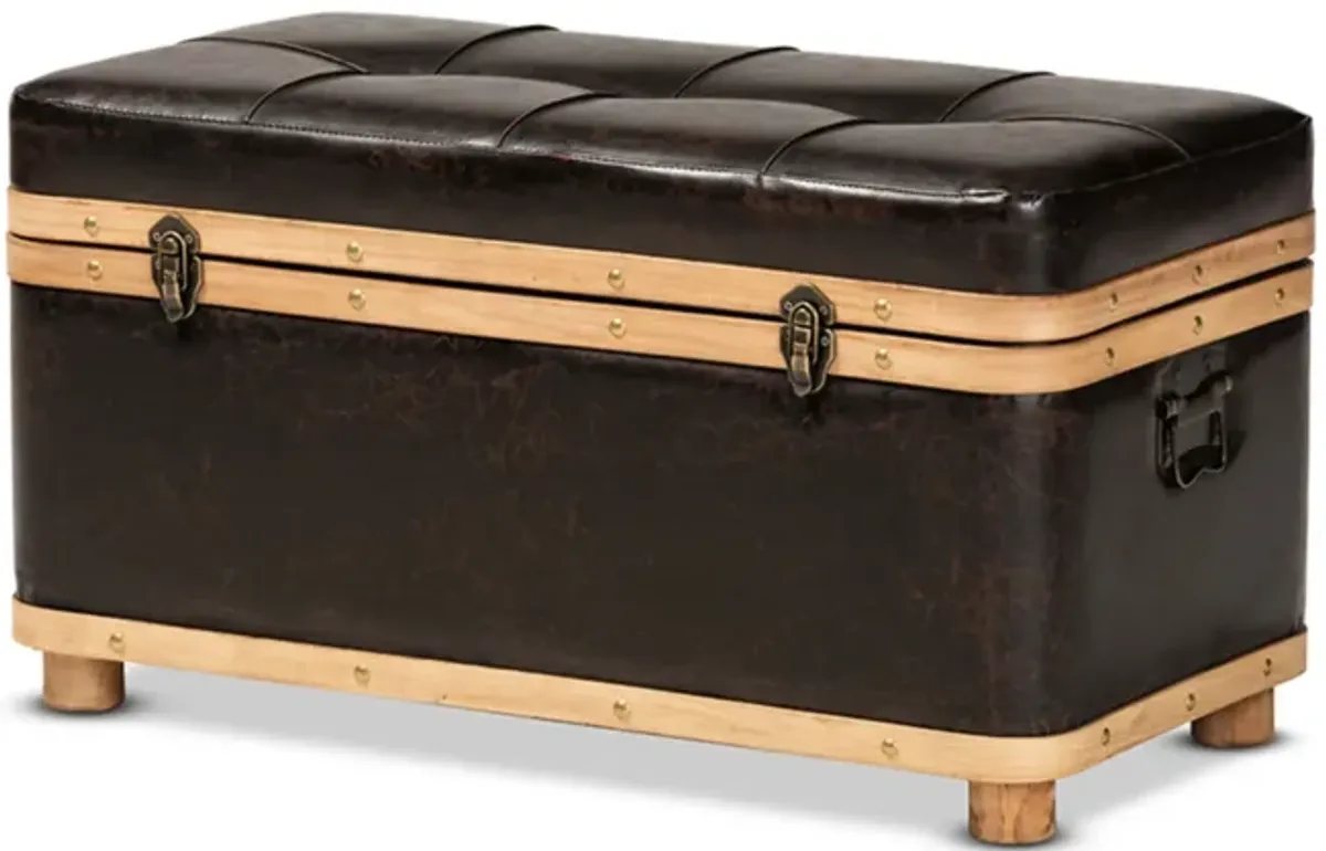 Baxton Studio Gendry Modern Rustic Transitional Dark Brown Faux Leather Upholstered and Oak Brown Finished Wood Large Storage Ottoman