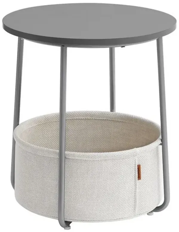 Hym 20 Inch Side End Table with White Fabric Basket, Gray Round Top, Steel - Benzara