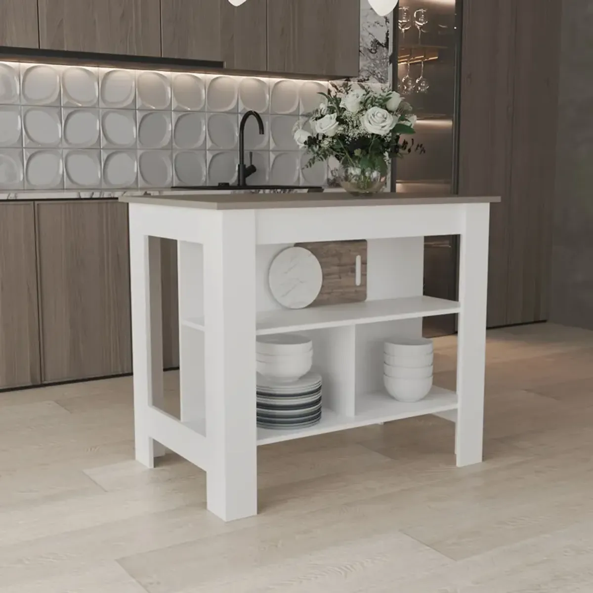 Delos Kitchen Island 35.4" H, with 3 Shelves, White / Mahogany