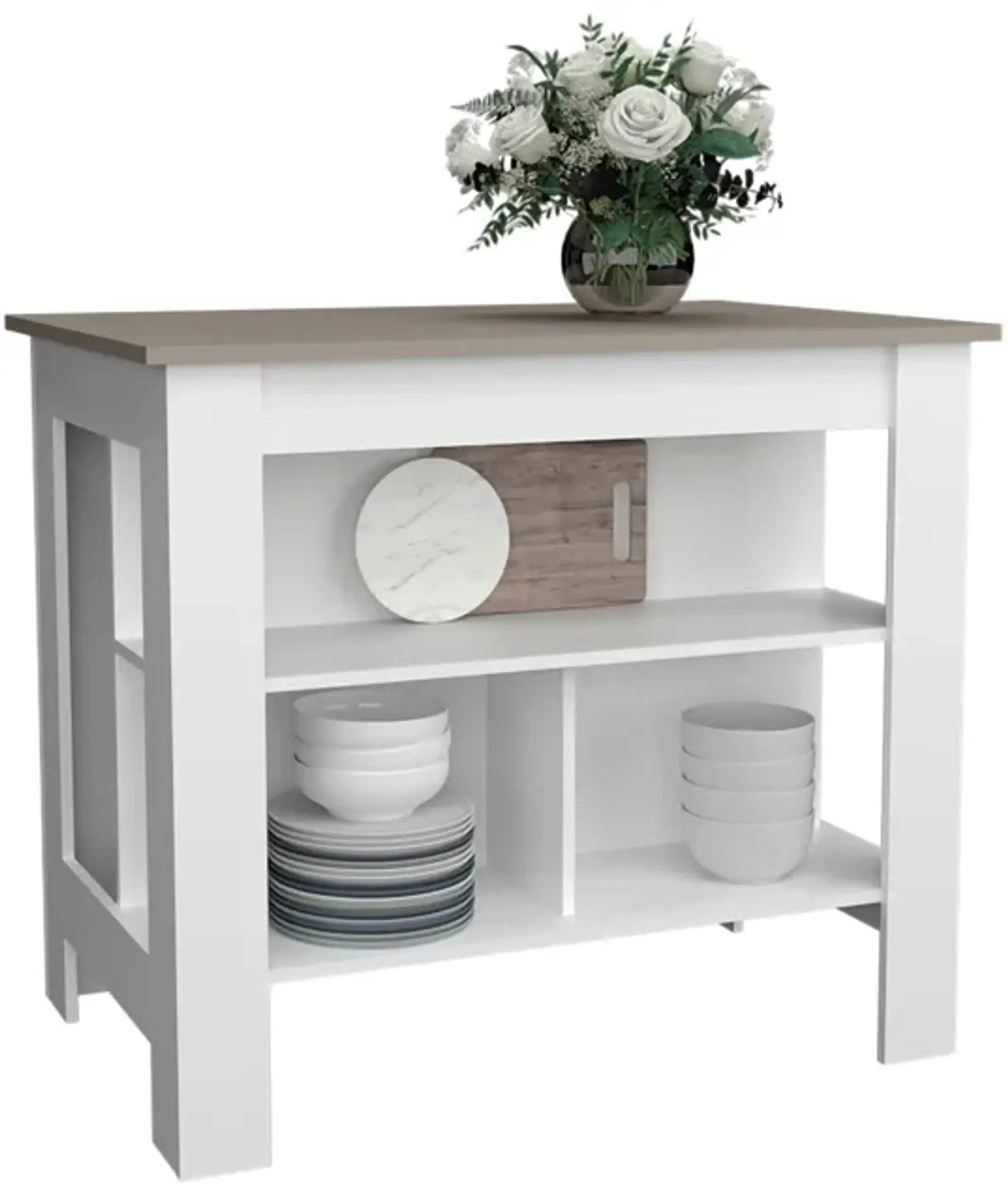 Delos Kitchen Island 35.4" H, with 3 Shelves, White / Mahogany