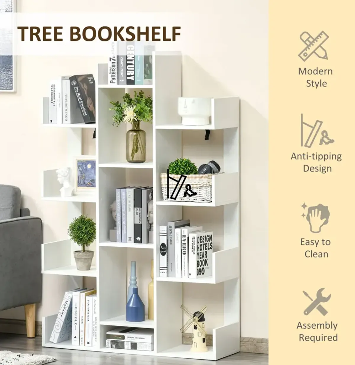 HOMCOM Tree Bookshelf, Modern Freestanding Bookcase with 13 Open Shelves, Display Unit for Living Room, Study or Office, White