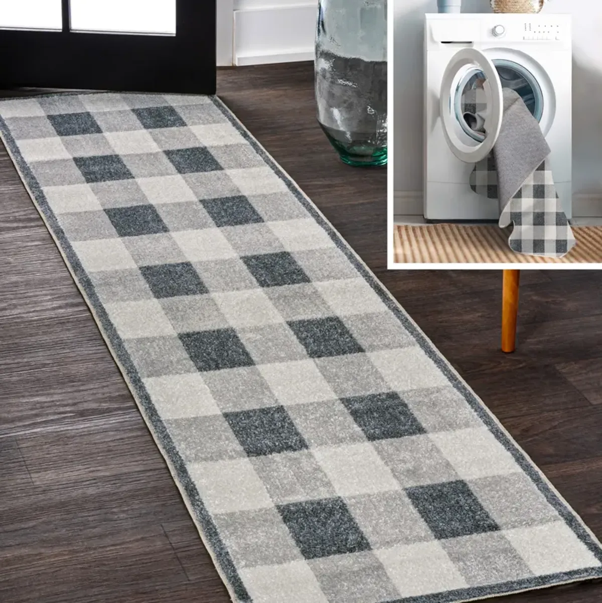 Gingham Gradient Plaid Cottage Machine-Washable Light Area Rug