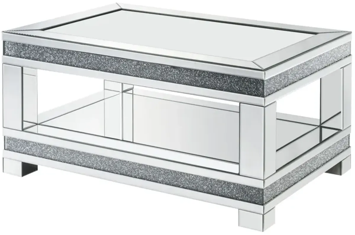 Coffee Table with Open Shelf and Mirror Panels, Silver-Benzara