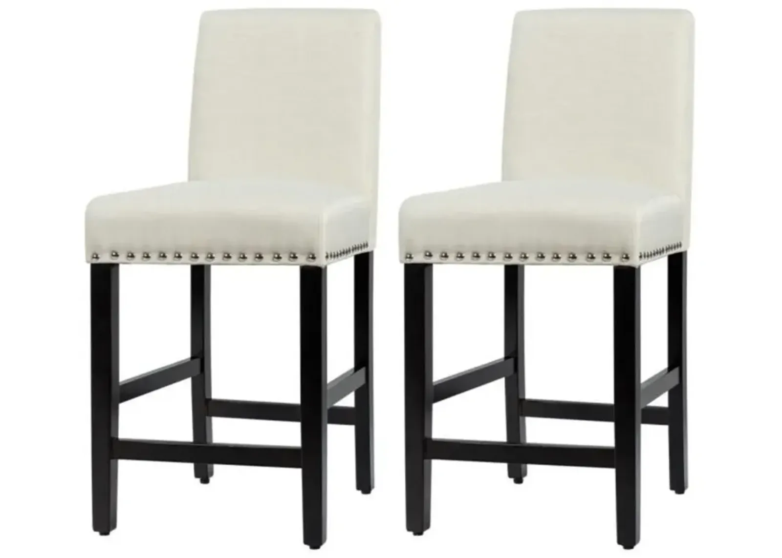 Set of 2 Modern Kitchen Dining Barstools w/ Black Wood Legs and Beige Linen Seat