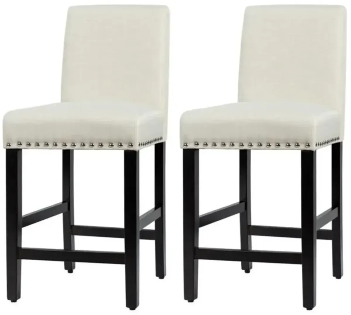 Set of 2 Modern Kitchen Dining Barstools w/ Black Wood Legs and Beige Linen Seat