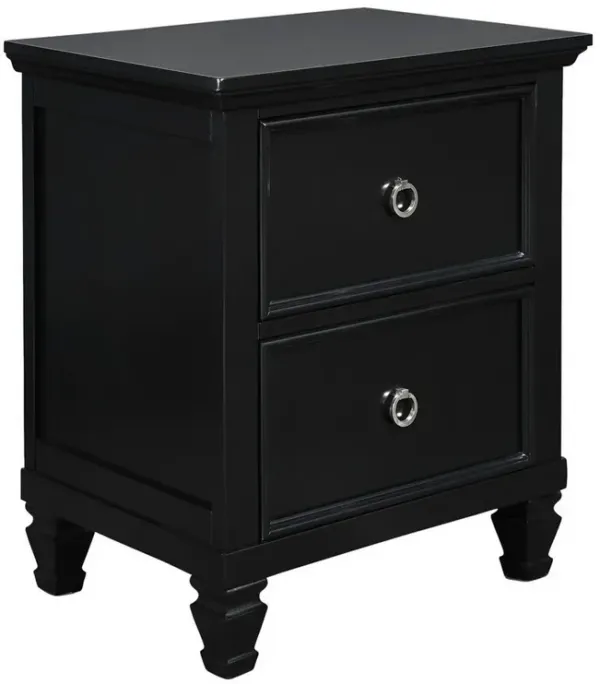 2 Drawer Wooden nightstand with Tapered Legs and Metal Rings, Black-Benzara