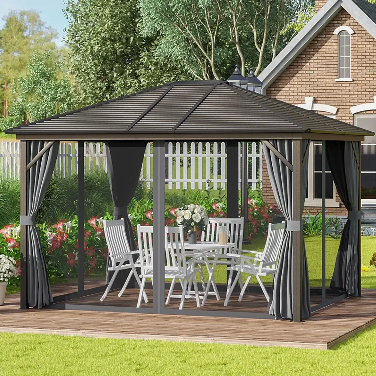 Dark Grey Outdoor Haven: 10'x12' Aluminum Hardtop Gazebo with Curtains