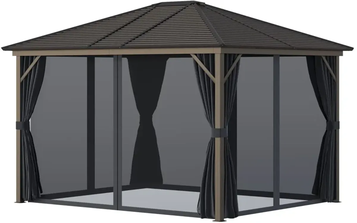 Dark Grey Outdoor Haven: 10'x12' Aluminum Hardtop Gazebo with Curtains