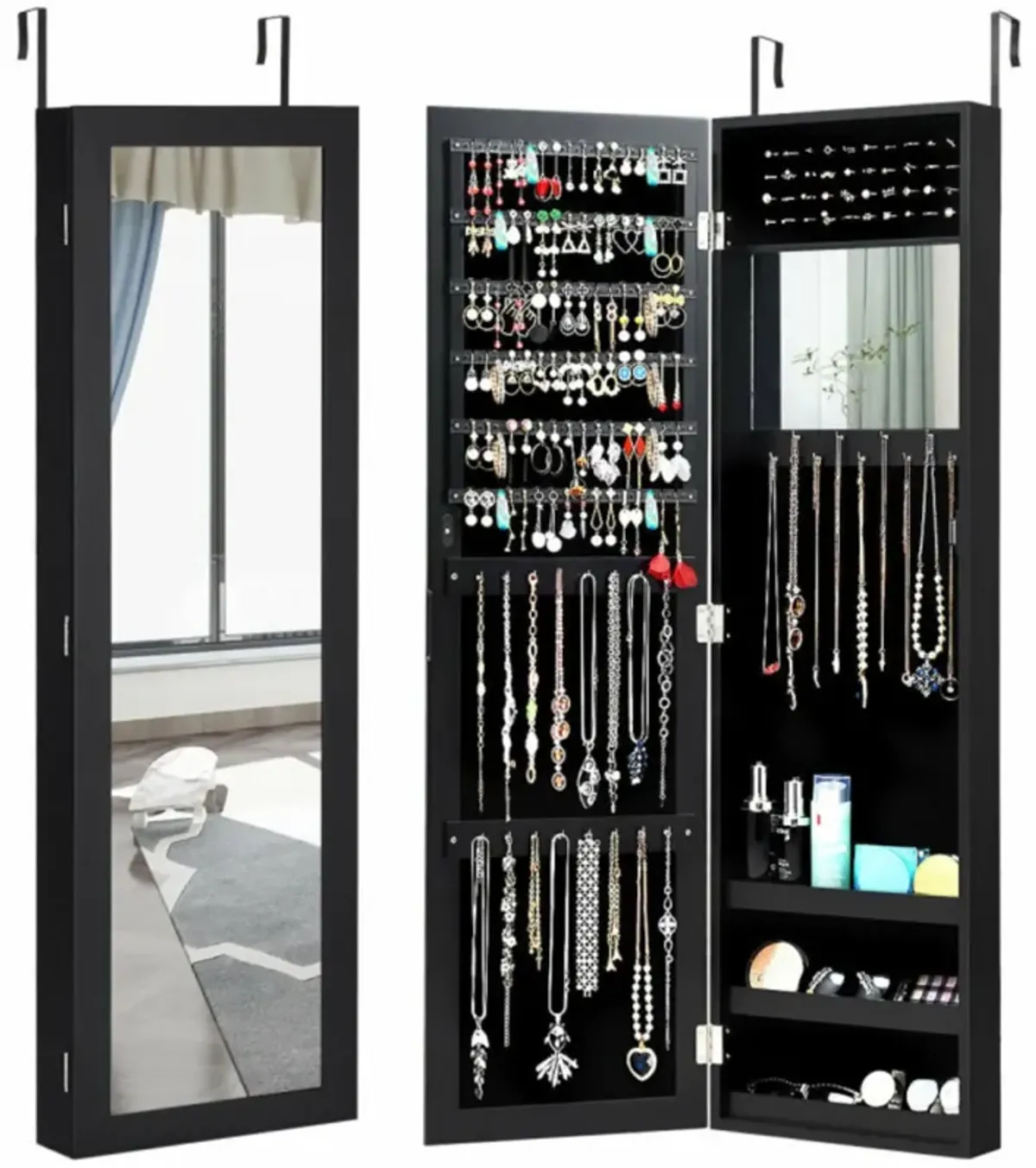 Hivvago Full Length Mirror Jewelry Cabinet with Ring Slots and Necklace Hooks