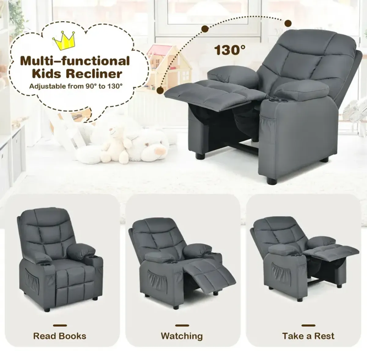 Kids Recliner Chair with Cup Holder and Footrest for Children