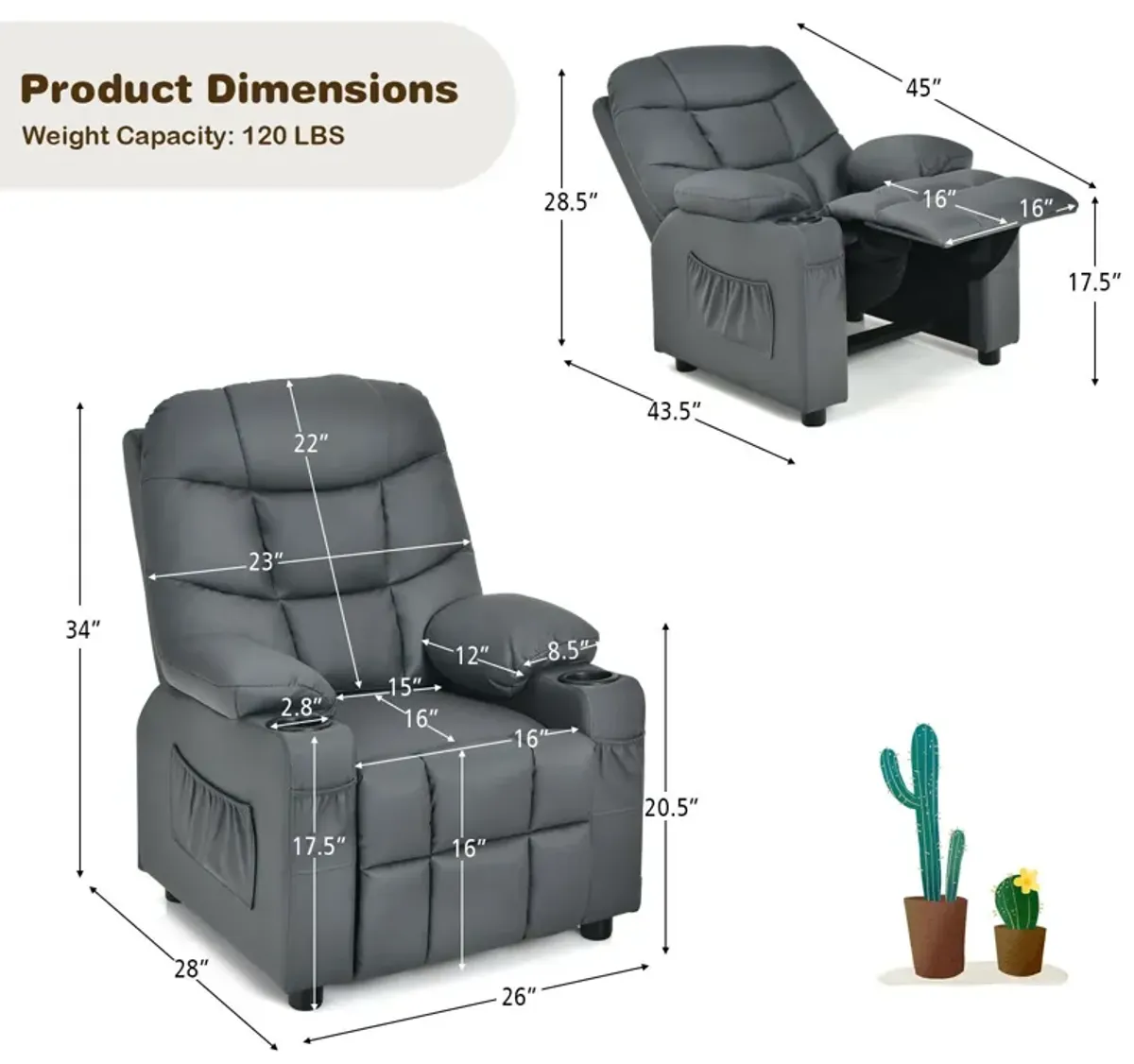 Kids Recliner Chair with Cup Holder and Footrest for Children