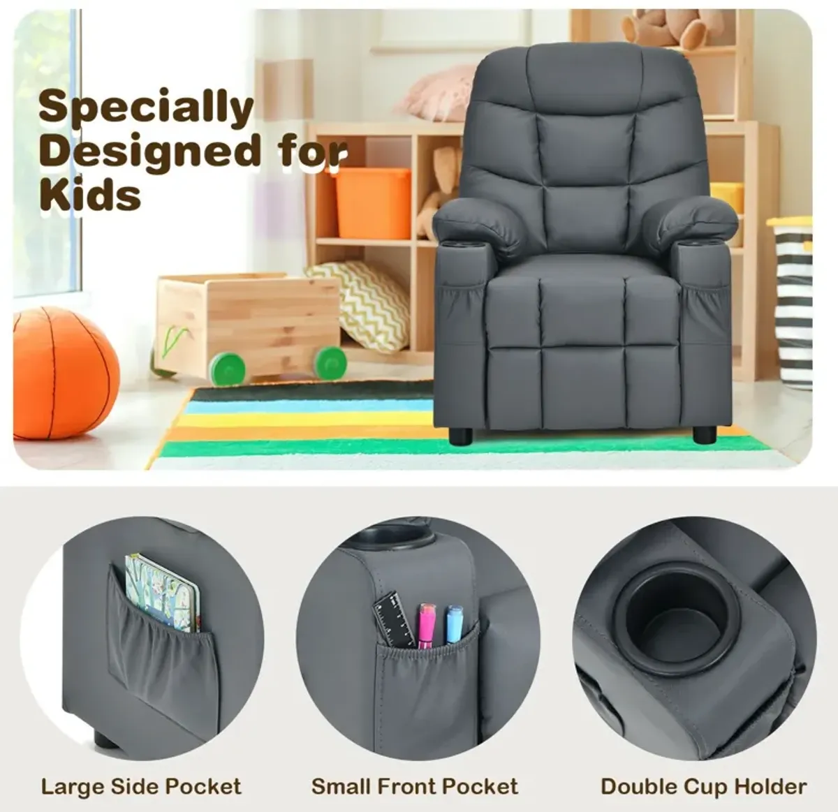 Kids Recliner Chair with Cup Holder and Footrest for Children