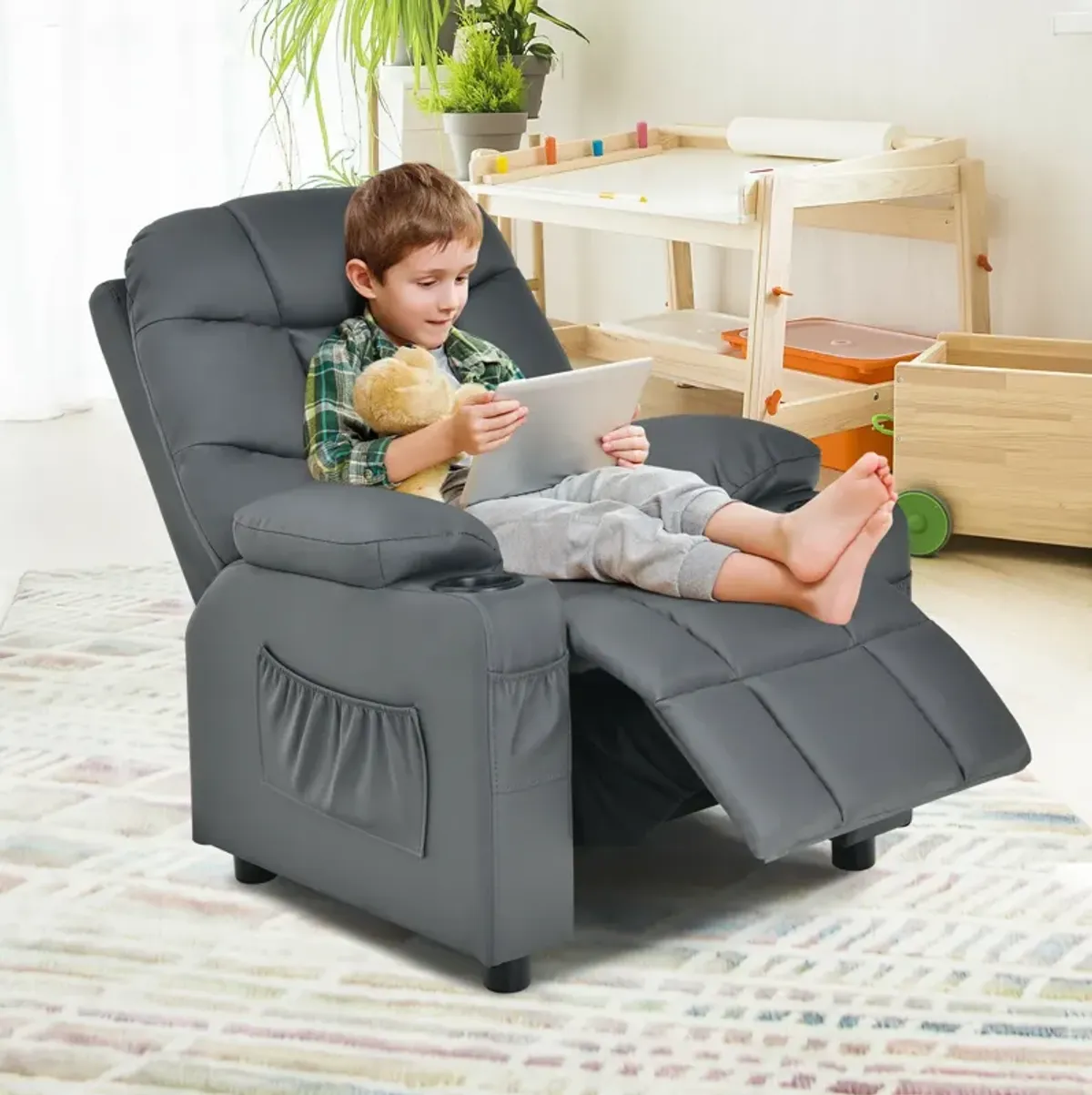 Kids Recliner Chair with Cup Holder and Footrest for Children