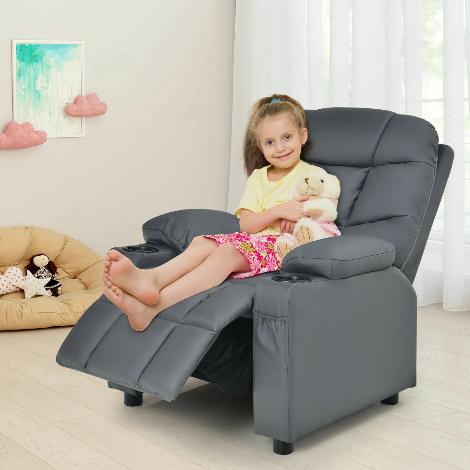 Kids Recliner Chair with Cup Holder and Footrest for Children