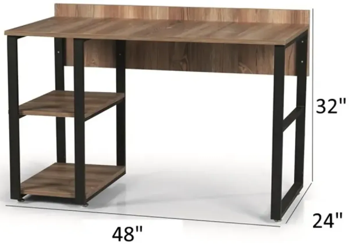 Furnish Home Store Rasse Black Metal Frame 58" Wooden Top 2 Shelves Writing and Computer Desk for Home Office, Oak