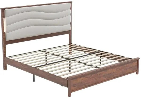 Upholstered Bed Frame with LED Lights & Charging Station, No Box Spring Needed
