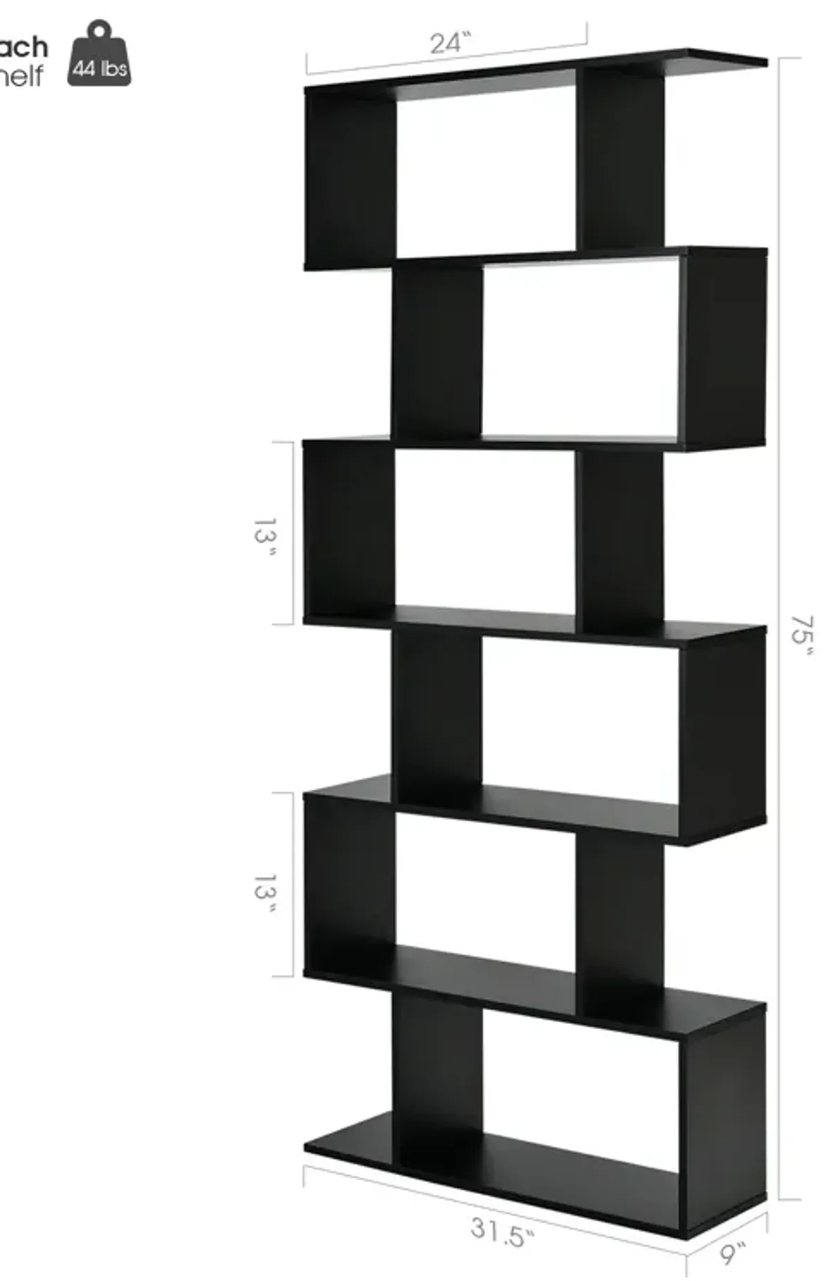 6 Tier S-Shaped Bookshelf Storage Display Bookcase Decor Z-Shelf