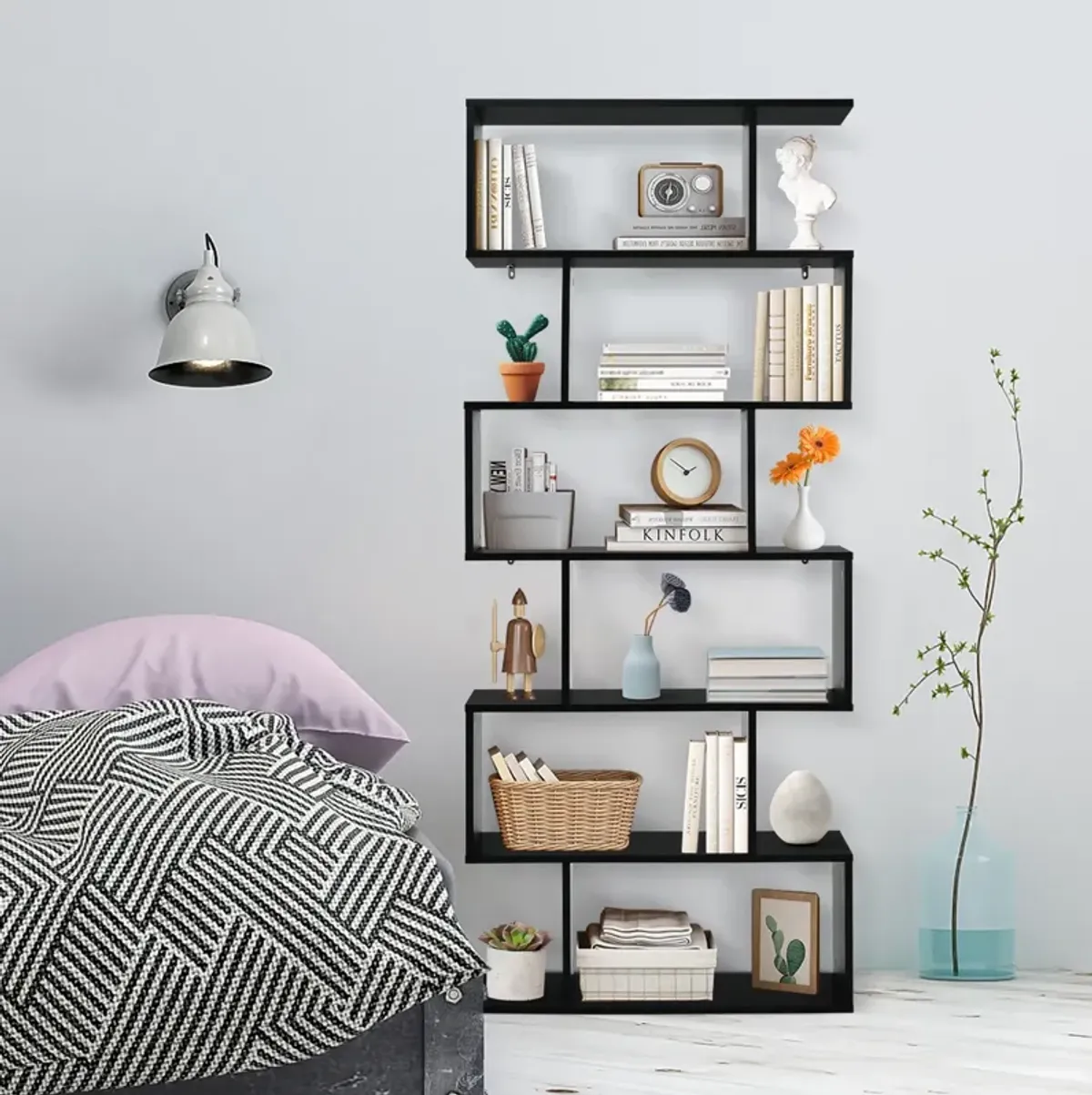 6 Tier S-Shaped Bookshelf Storage Display Bookcase Decor Z-Shelf