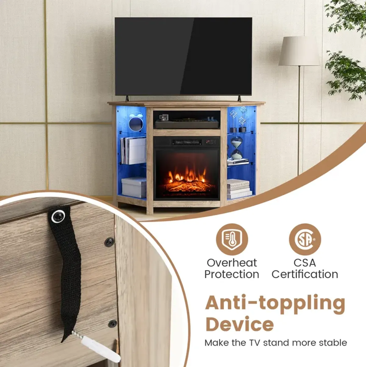 Fireplace Corner TV Stand with LED Lights and Smart APP Control for 50 Inches TV