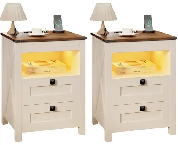 LED Nightstand Set of 2 with Gun Drawer: Bedside Table with Charging Station for Bedroom Furniture - Farmhouse Night Stand with