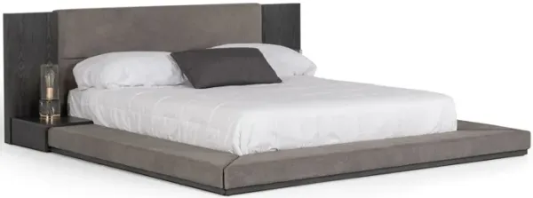 Noe Ruby Queen Bed with Built in Nightstands, Low Height, Gray Upholstery - Benzara