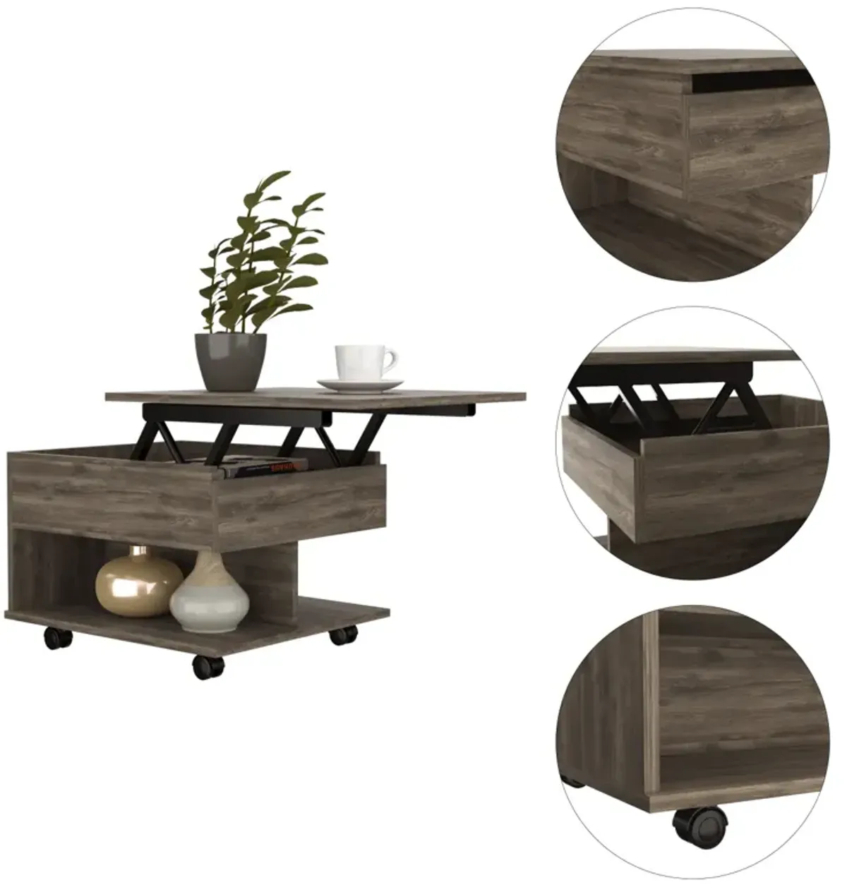 Luanda Lift Top Coffee Table, Casters, One Shelf - Dark Brown