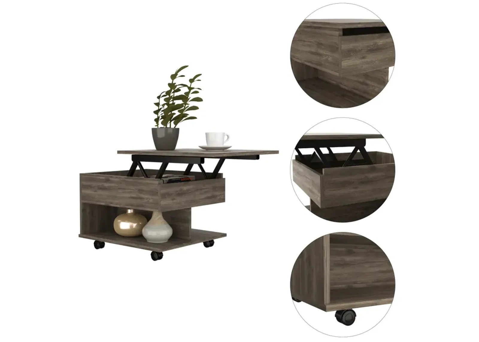 Luanda Lift Top Coffee Table, Casters, One Shelf - Dark Brown