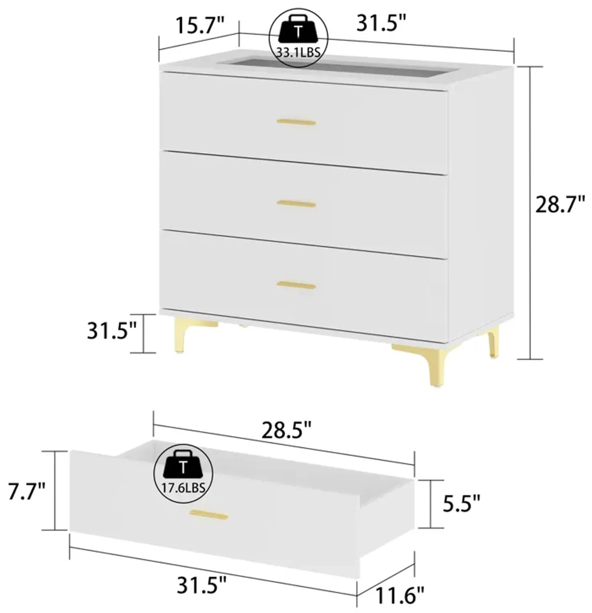 3-Drawer White Wooden Nightstand: 31.5" L x15.7" W x28.7" H