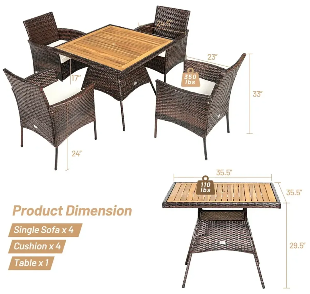 5 Pieces Patio Rattan Dining Furniture Set with Arm Chair and Wooden Table Top