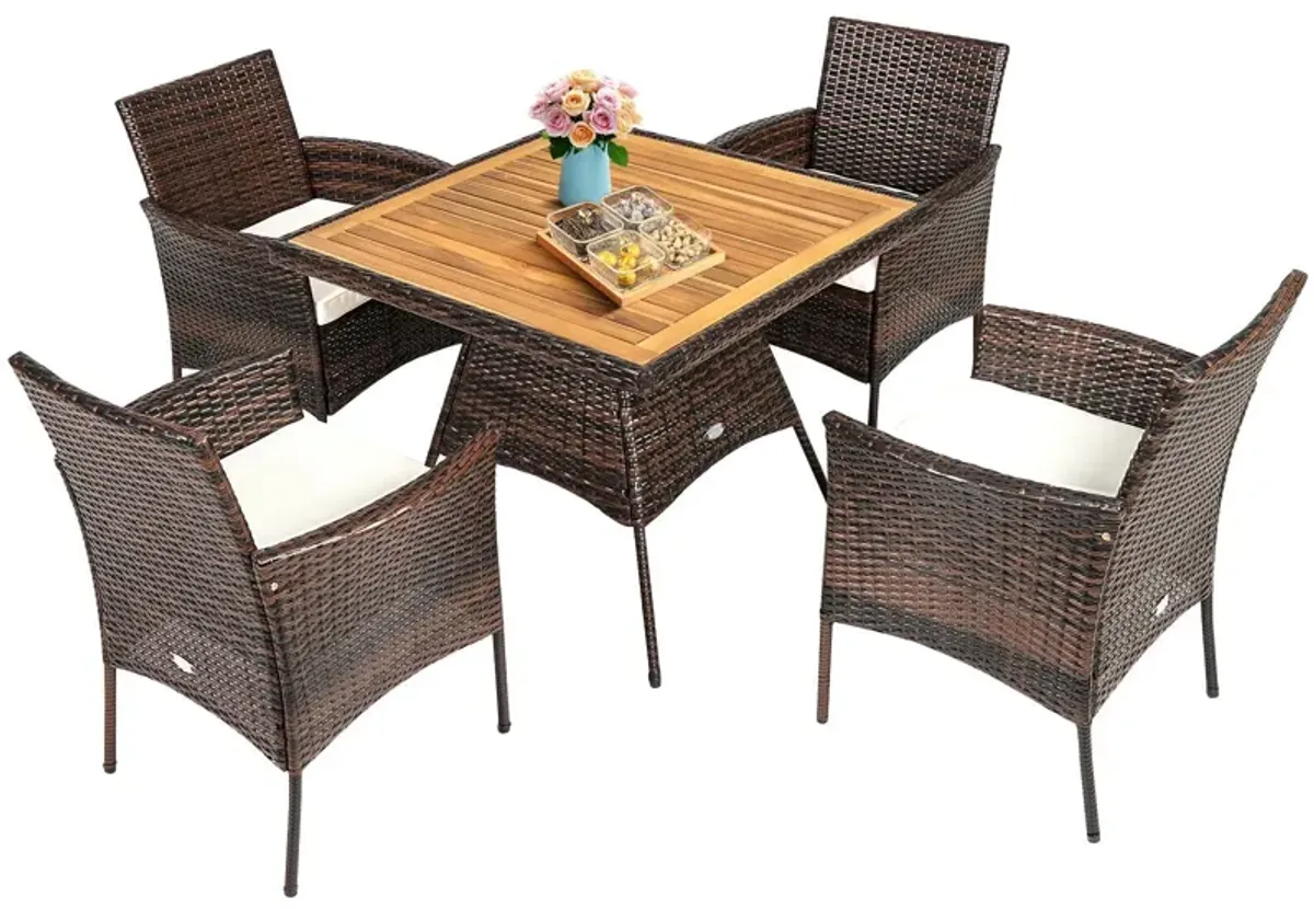 5 Pieces Patio Rattan Dining Furniture Set with Arm Chair and Wooden Table Top