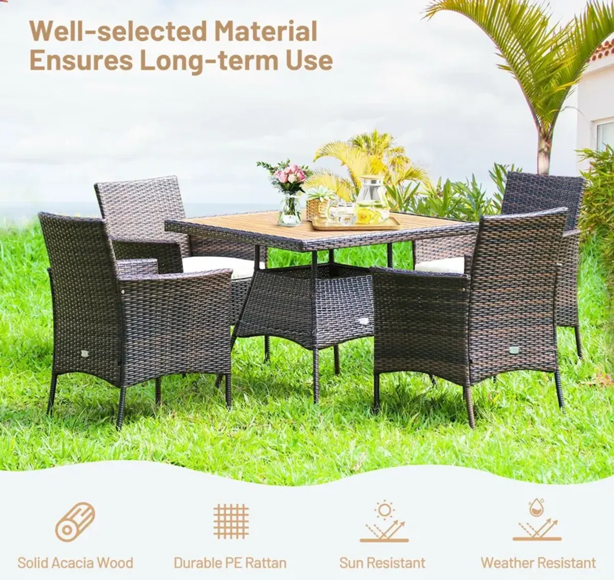 5 Pieces Patio Rattan Dining Furniture Set with Arm Chair and Wooden Table Top