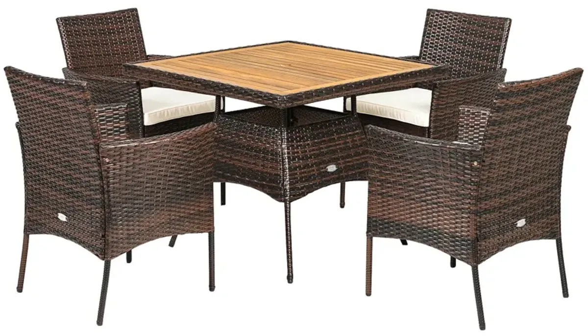 5 Pieces Patio Rattan Dining Furniture Set with Arm Chair and Wooden Table Top