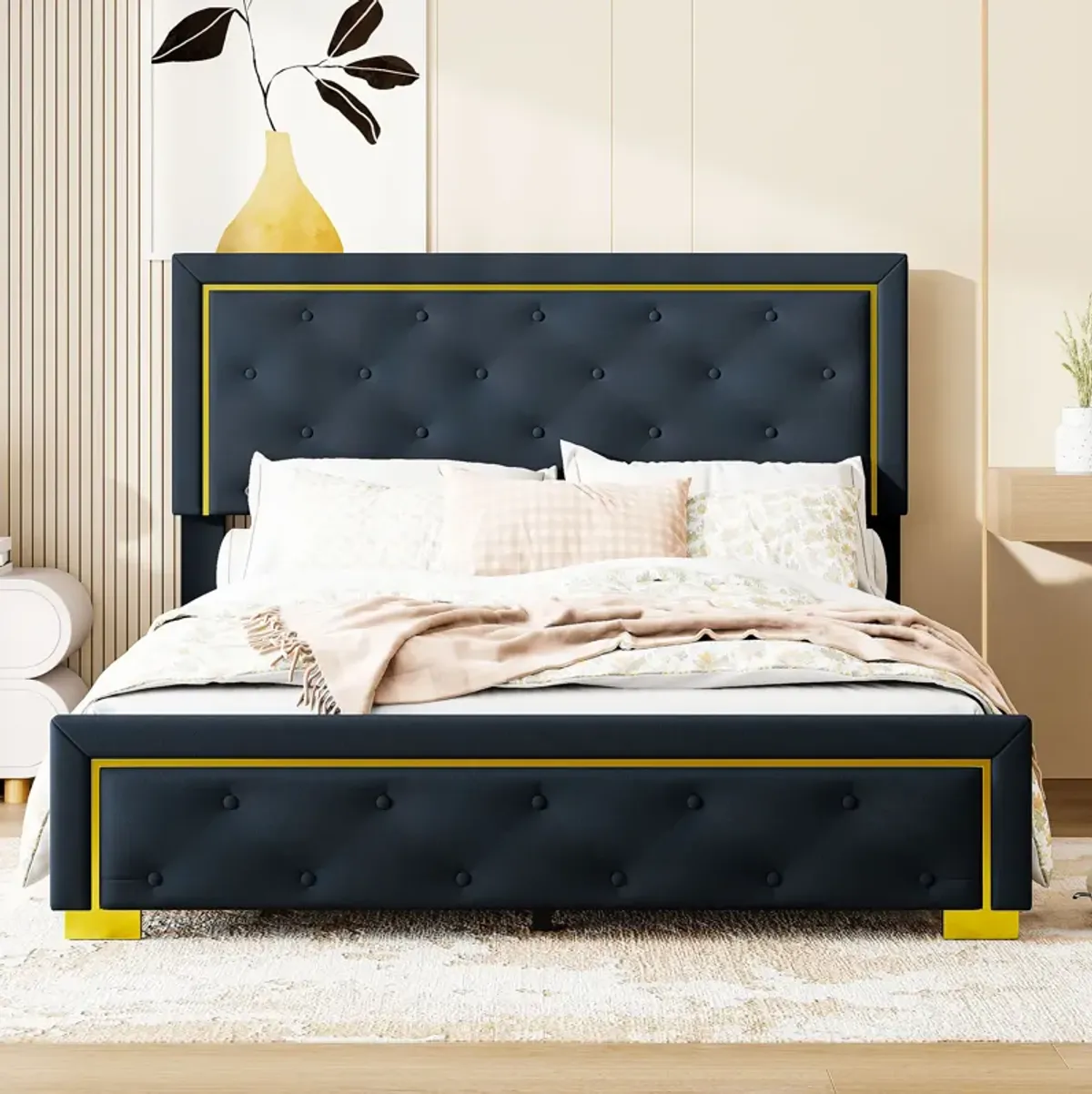 Merax Velvet Upholstered Platform Bed Frame